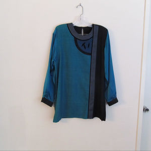 Bonnie Durant teal raw silk tunic w/ applique